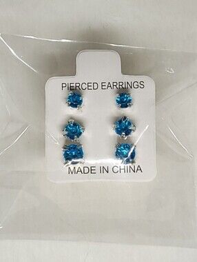 $1 | Blue | Multi‑Size 3‑Pair Rhinestone Stud Earring Set